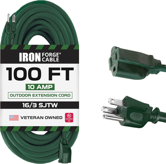 Green Outdoor Extension Cord 100 FT - 16/3 SJTW Weatherproof Long Extension Cord for outside with 3 Prong - 16 Gauge 100 Foot for Yard, Gardens, Landscaping - UL Listed